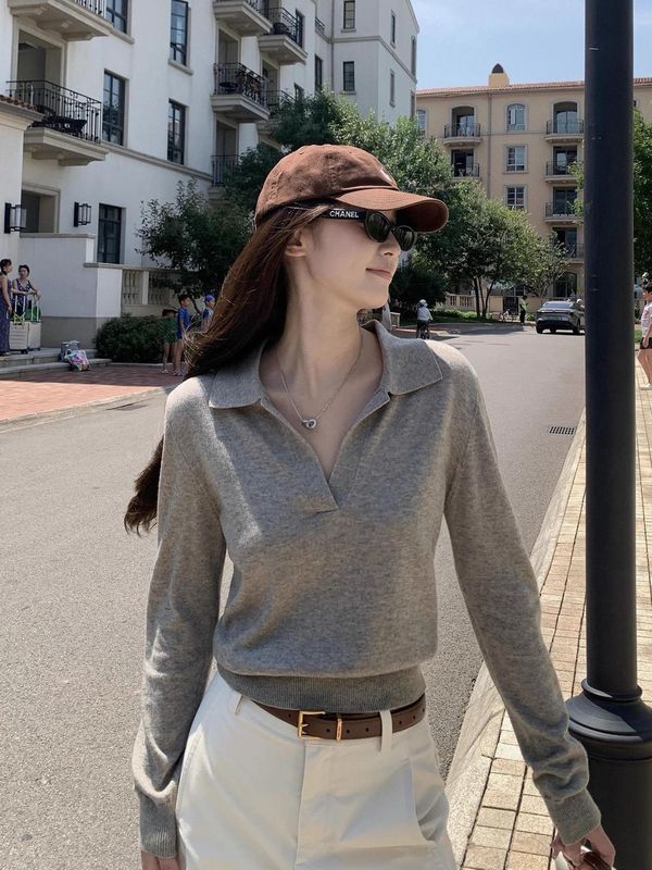 灰色POLO领针织衫女秋冬韩系穿搭修身内搭打底衫巨好看的长袖上衣|undefined
