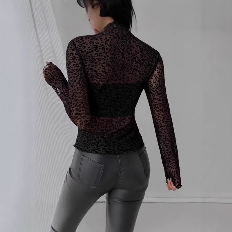 Amazon Hollow-Out See-Through Long-Sleeve Pullover Leopard Print Slim-Fit Base Shirt Top Leopard Print Hollow-Out European and American Style