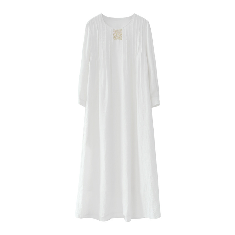 2022 Spring New Sand Washed Linen Double-layer Fairy Style Handmade Sesame Embroidery Slim Long Dress Loose Long Dress