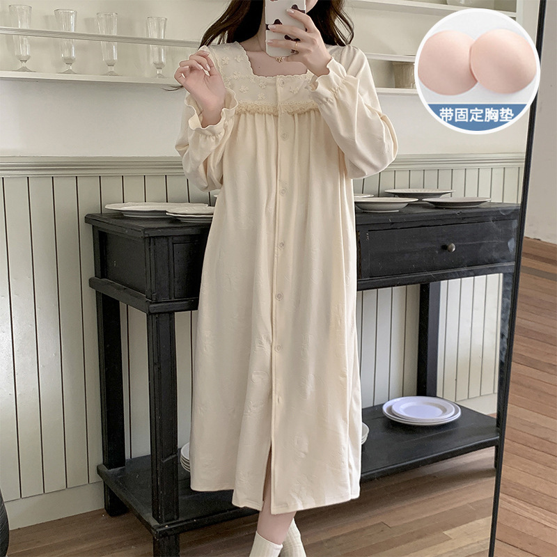 德绒睡衣女秋冬季新款带胸垫公主风长袖开衫睡裙加厚可外穿家居服|undefined