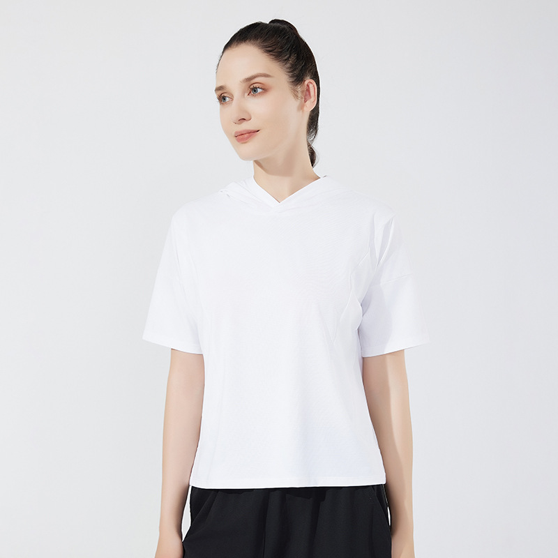 Verano nuevo estilo para hombres y mujeres con el mismo estilo de secado rápido casual de manga corta suelta blusa transfronteriza para correr al aire libre de manga corta con capucha de manga corta