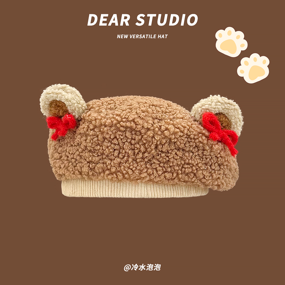 Japanese-style Cute Bear Ear Bow Beret Women's Autumn and Winter Warm All-match Cashmere Painter Hat Trendy