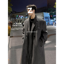 毛呢大衣男灰色秋冬季中长款加厚宽松过膝风衣男韩版呢子西装外套