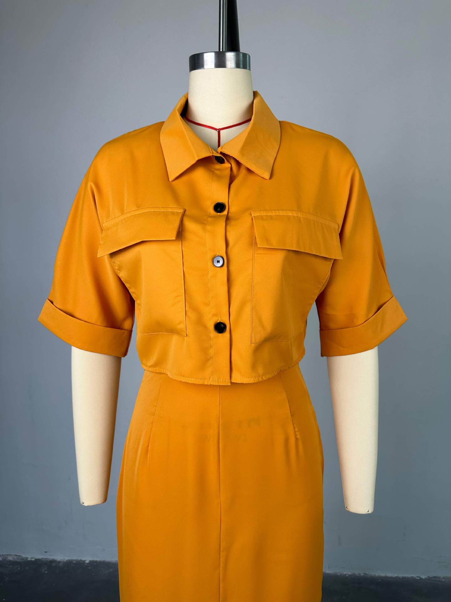 Women Clothing Summer Polo Collar Short Shirt Top Split Hip Skirt Set