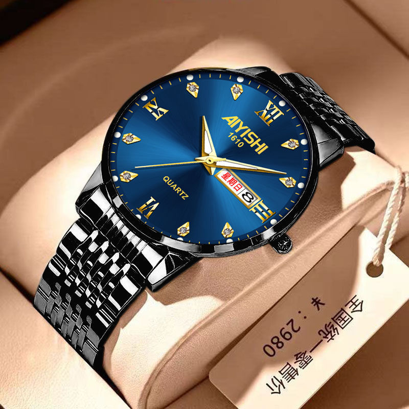 Imported movement black steel with Swiss genuine goods (black and blue)