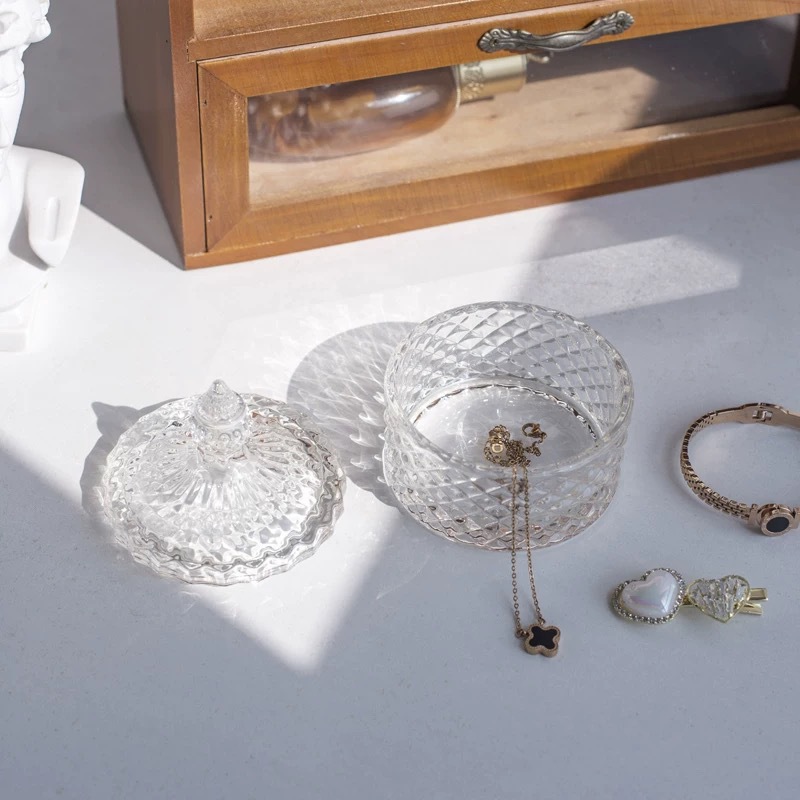 Latas de caramelos de vidrio con patrón de gota de agua de lujo ligero con tapa para bodas domésticas y regalos de acompañamiento de azúcar contenedores rituales de Mesa image 5