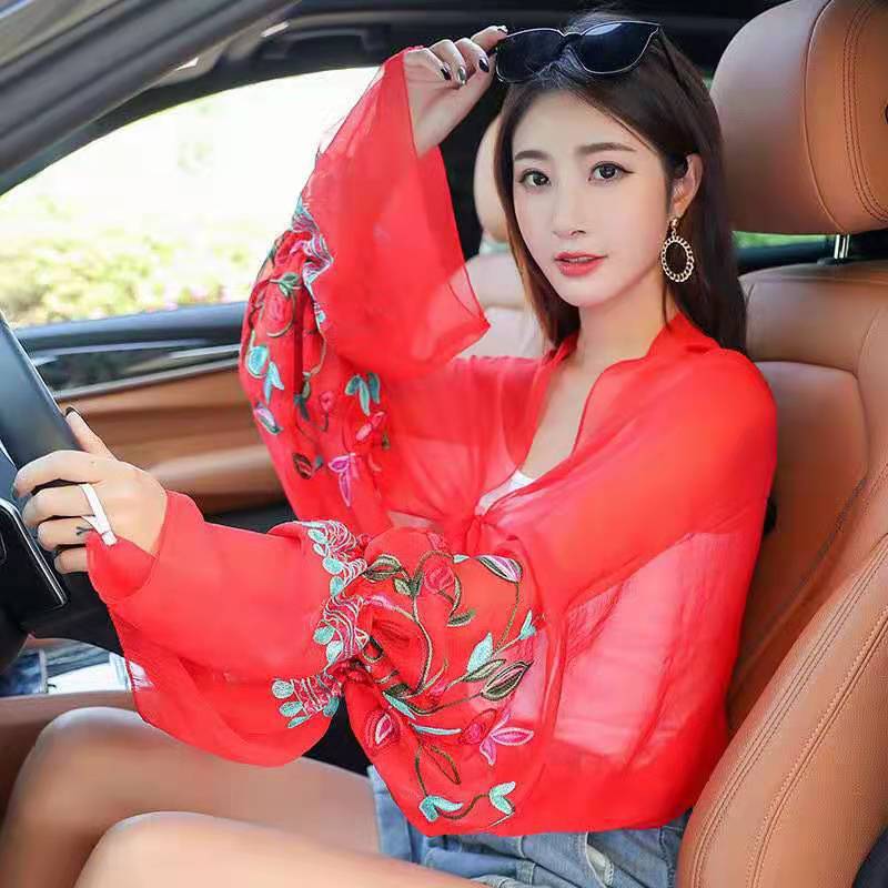 夏季新款騎車開車戶外防曬披肩袖套繡花長袖圍巾薄款絲巾防曬衣