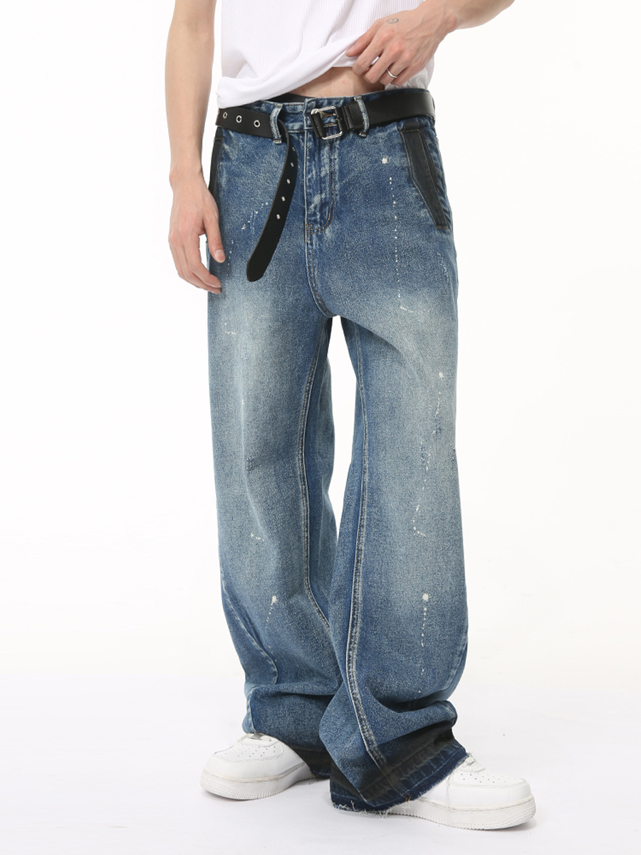 MTLCLOTHES Hombres| 2024 verano nuevo producto coreano retro lavado nicho azul diseño de jeans graffiti