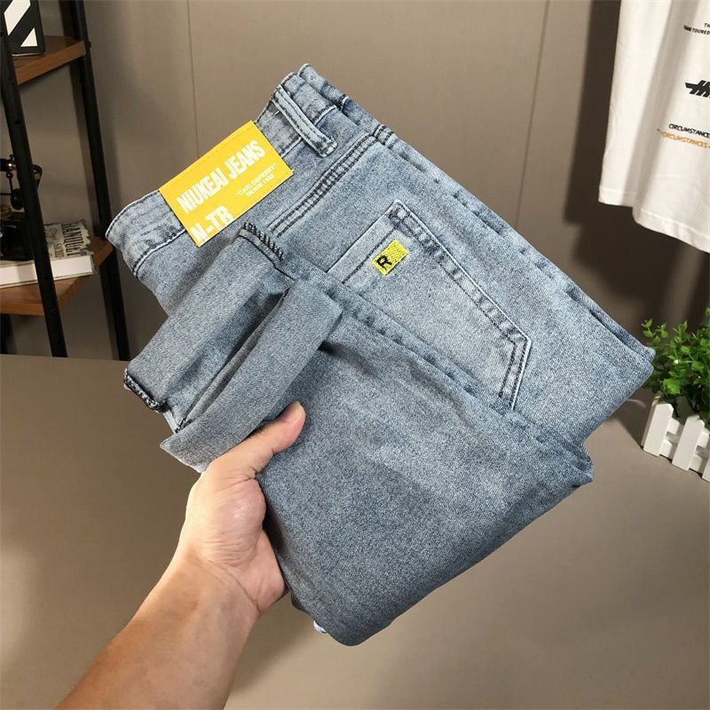 Jeans da uomo di colore chiaro slim fit alla moda, modello primavera e autunno, sottili, versione coreana, elastici, casual, versatili, con cuciture_voghion.com