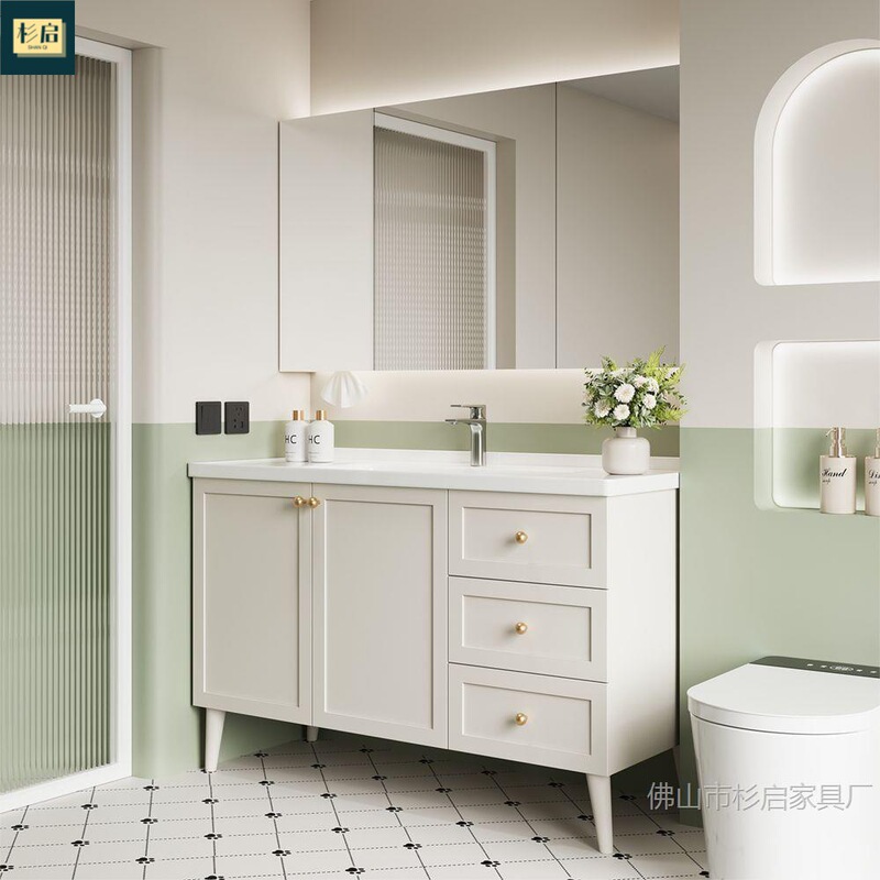Smart French-Style Cream-Colored Bathroom Cabinet with Floor-Standing Washbasin and Sink Cabinet for Bathroom Vanity Smart French-Style Cream-Colored Bathroom Cabinet with Floor-Standing Washbasin and Sink Cabinet for Bathroom Vanity