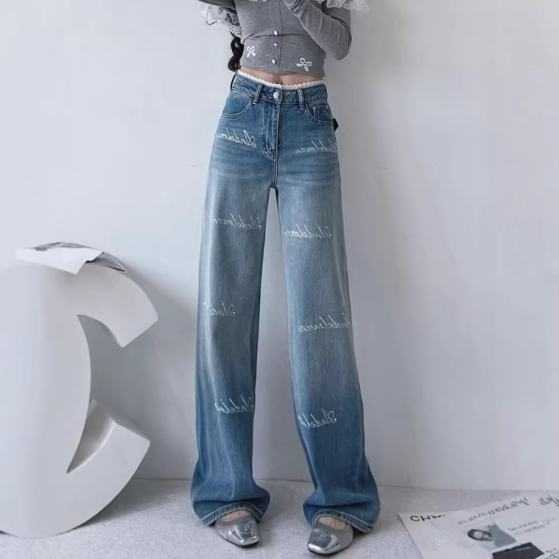 Shenzhen Nanyou Early Spring New Letter-Print Rhinestone Jeans with Lace Trim Waist Design and Floor-Length Pants for Women Shenzhen Nanyou Early Spring New Letter-Print Rhinestone Jeans with Lace Trim Waist Design and Floor-Length Pants for Women