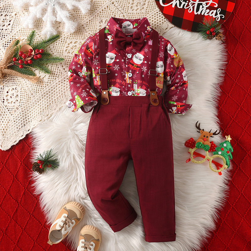 源头工厂聖誕節背带裤两件套儿童服装男孩宝宝圣诞节礼服男童套装