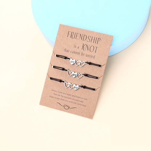 Cross-border New BFF Heart-Shaped Bracelets: 3-Piece Set of Simple European & American-Style Alloy Bracelets, Handcrafted with Waxed Cord Weaving—Wholesale Price