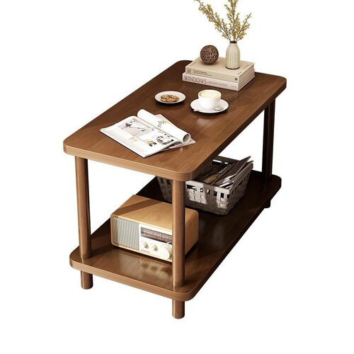 Sofa side table, new Chinese style solid wood double-layer movable small tea table, living room household small tea table, simple storage shelf