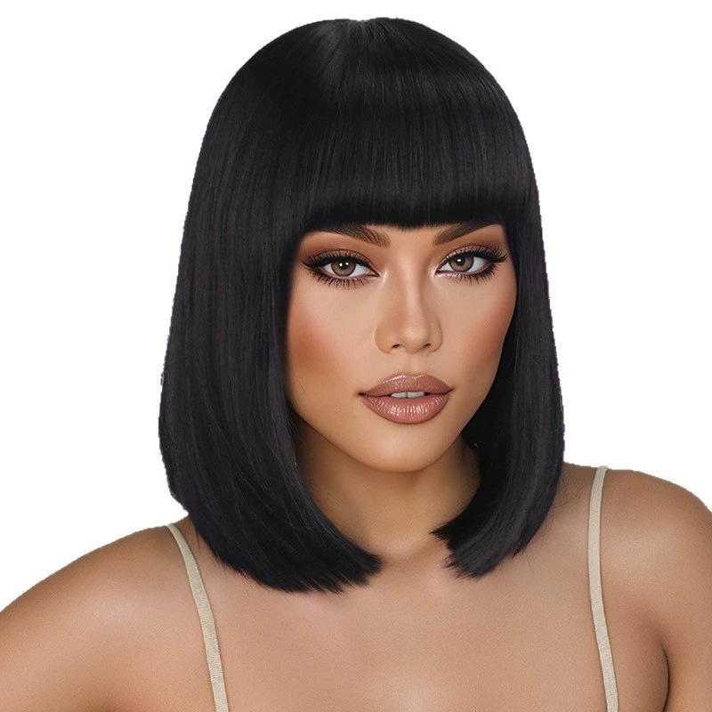 Synthetic Fiber Wig For Women Medium Length Straight With Bangs_voghion.com