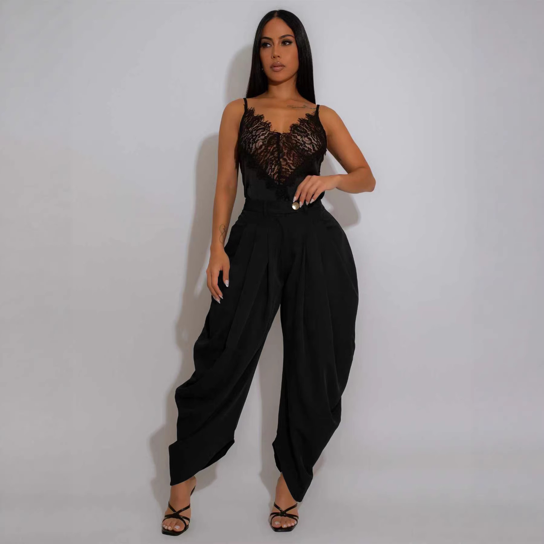 TW795 Damen-Freizeithose, einfarbig, mit Blumenmuster, sexy, urban, mehrfach gefaltet, unabhängiger Stil, lässige Unterteile_voghion.com
