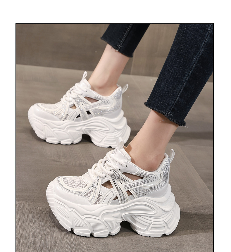 Giày sneaker nữ đế dày tăng chiều cao, mặt lưới đính đá lấp lánh — màu trắng chi tiết 12