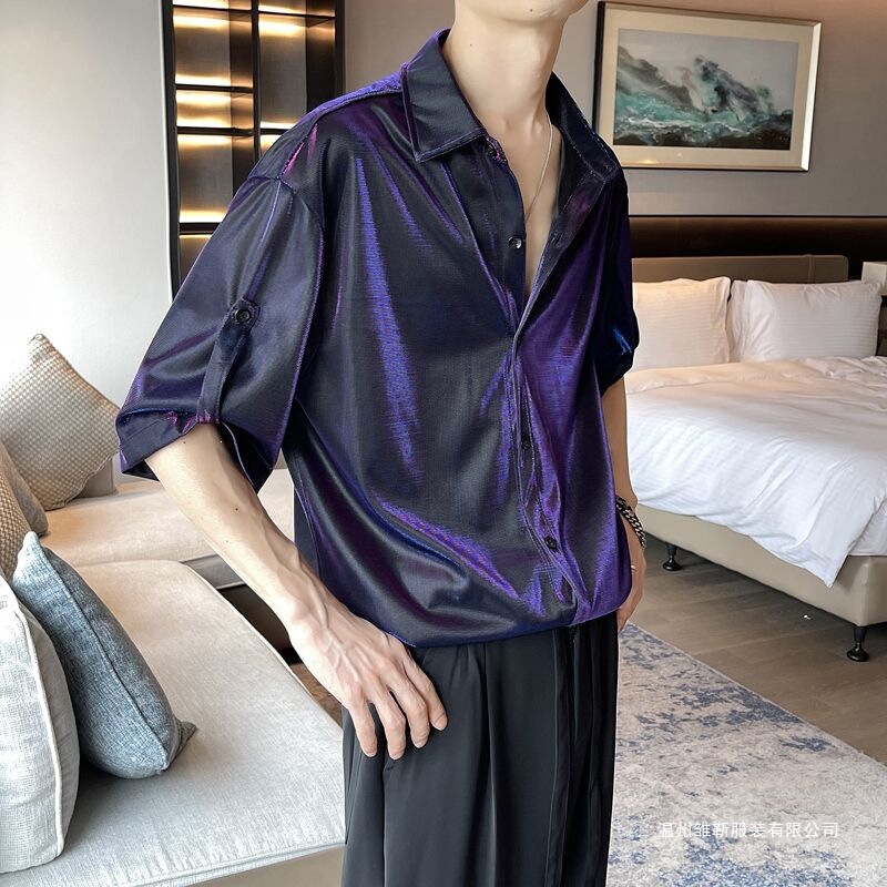 Cool and Stylish Men's Ice Silk Shirt, Short-Sleeve Summer Reflective Glossy Seven-Quarter Sleeve Liquid Metal Internet Celebrity Shirt Cool and Stylish Men's Ice Silk Shirt, Short-Sleeve Summer Reflective Glossy Seven-Quarter Sleeve Liquid Metal Internet Celebrity Shirt