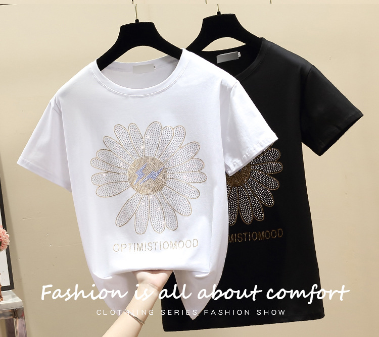 Women's Oversized Cotton T-shirt With Daisy Diamond Detail_voghion.com