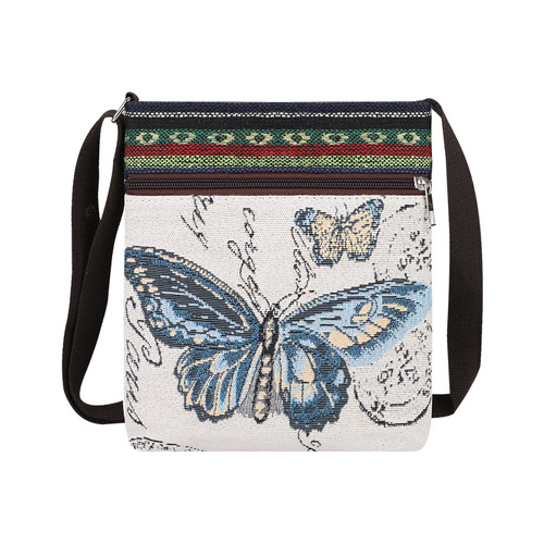 Ethnic-style elephant cartoon single-shoulder bag for women, double-sided gold thread embroidery canvas bag, fashionable single-layer zipper crossbody bag