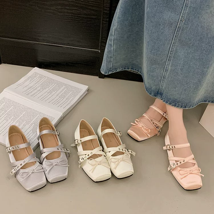 Женские туфли Мэри Джейн 2025: Новые летние ретро-балетки с квадратным носком во французском стиле, неглубокие, без застежек, с пряжкой