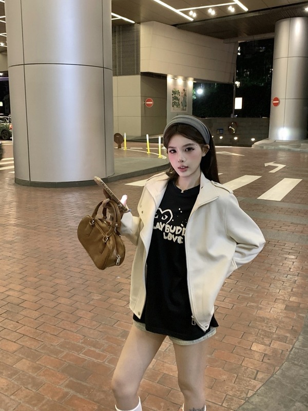 高级感麂皮绒外套女装秋季宽松百搭长袖气质短款夹克米白色上衣潮|undefined