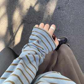 韩系复古撞色条纹针织打底衫女秋冬季宽松慵懒风薄纱毛衣罩衫上衣