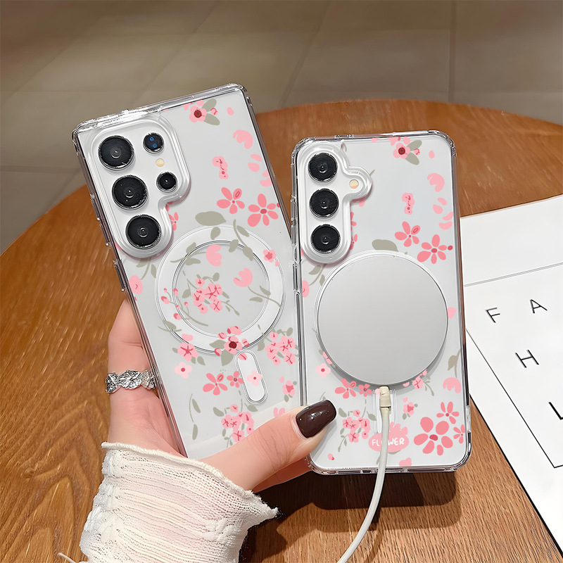 Shopee's Popular Samsung Transparent Magnetic Phone Case S25Ultra Pink Flower Phone Protective Cover S22+ Hard Case Shopee's Popular Samsung Transparent Magnetic Phone Case S25Ultra Pink Flower Phone Protective Cover S22+ Hard Case