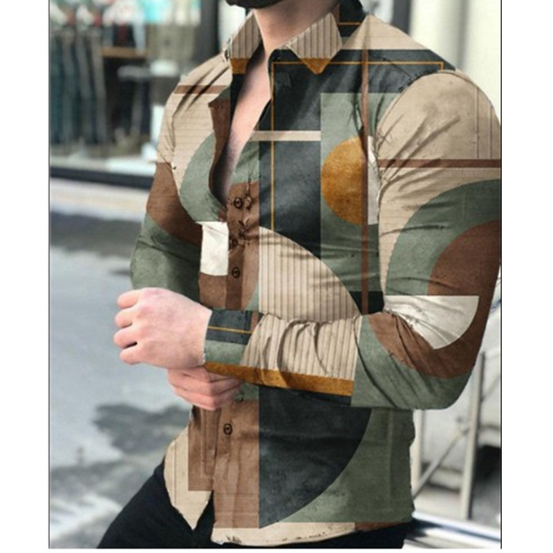2025欧美男装衬衫秋季长袖翻领衬衫3d印花休闲衬衫男宽松男式衬衣|undefined