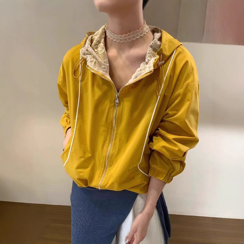 European Lace Stitching Hooded Sun Protection Coat Women's 2025 Spring New Loose Casual All-match Jacket Trendy Top
