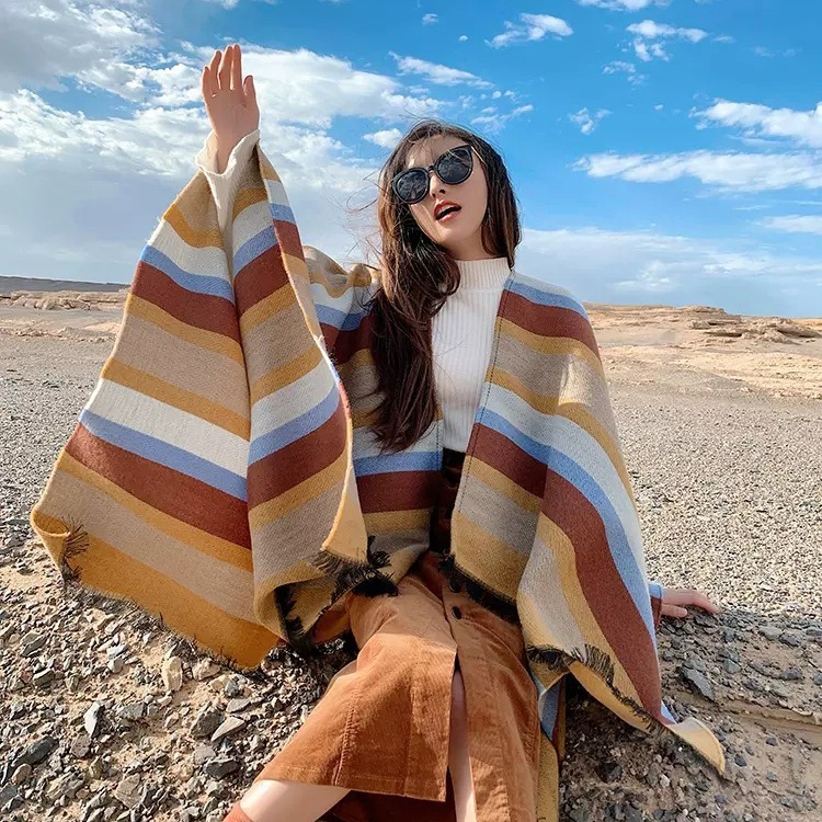 Cachecol às riscas para mulher estilo coreano xale e capa versátil_voghion.com