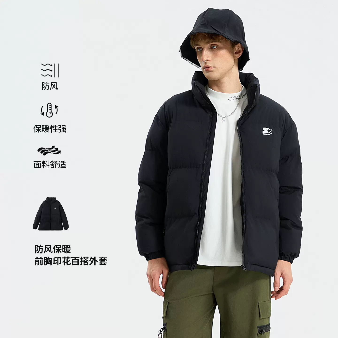 新款情侣款外套休闲棉衣冬季加棉前胸印花百搭外套嘻哈街头棉服男