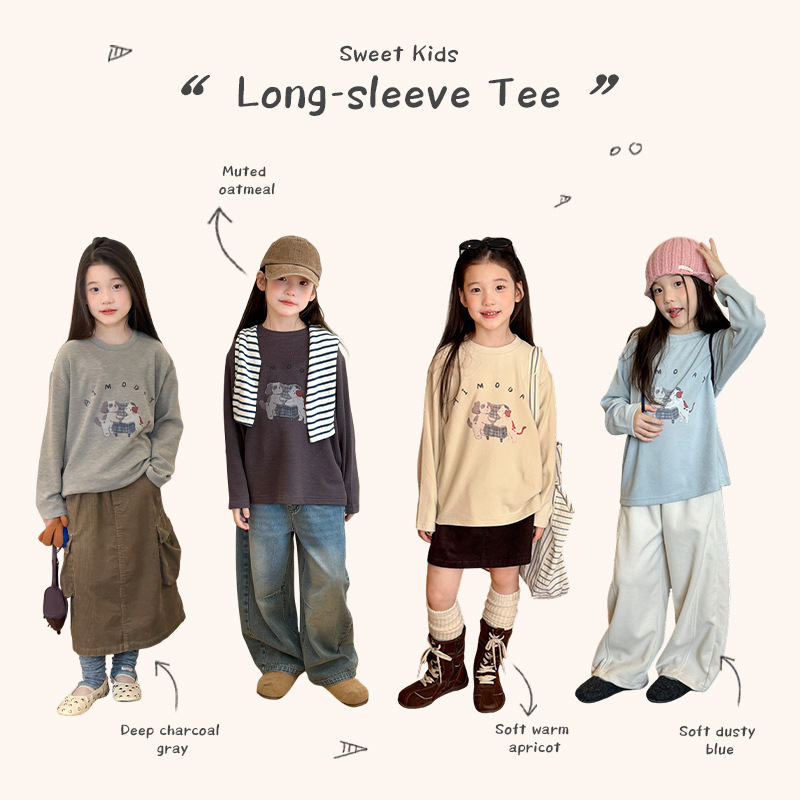 Aimobebe girls' soft, low-saturation color long-sleeve inner wear, cute and adorable cartoon-themed casual base shirt for children