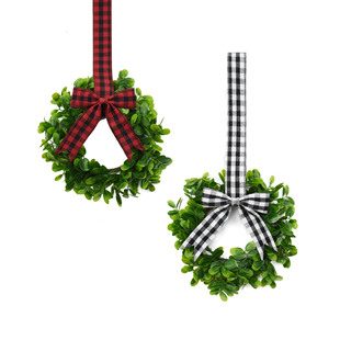 Customized Spring Christmas Small Garland Cabinet Decoration Red and Black Plaid Bow Garland Simulated Green Leaf Plant Small Ring