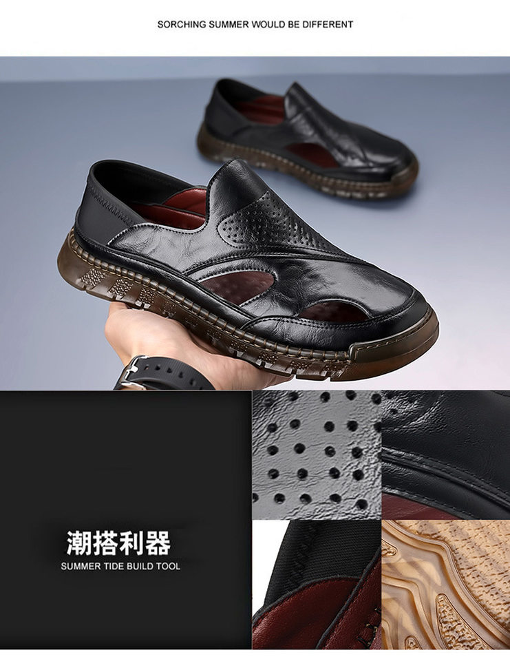 Dép sandal da nam mùa hè khoét lỗ thoáng khí đế dày chống trượt kiểu bít mũi — Màu nâu, màu vàng, màu đen chi tiết 7