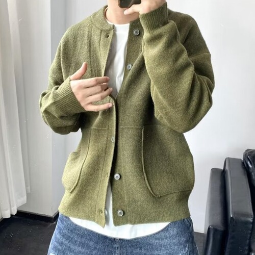 Japanese-style round neck open sweater for men, spring and autumn, Hong Kong-style knitted sweater, round neck jacket, simple and loose, thick sweater outerwear