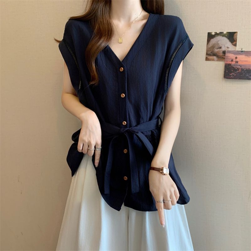 Summer New Arrivals, New Products, Simple Collar, Waist Belt, Loose, Slimming, Versatile Sleeveless Shirt, White