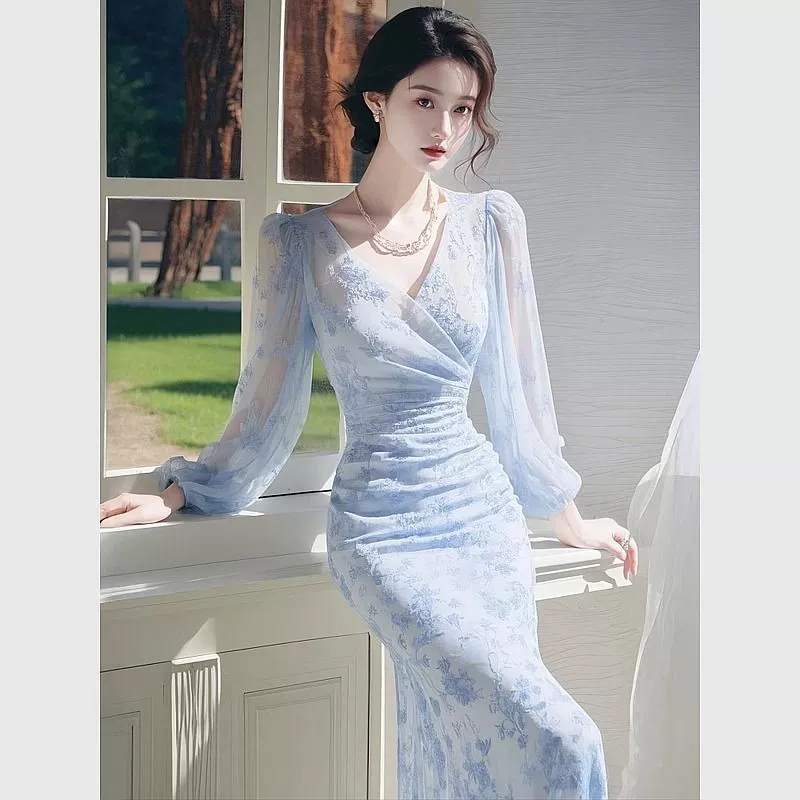 Новая весенняя длинная юбка, элитный французский стиль, облегающий крой, платье с принтом, синее платье, чайная серия, другие