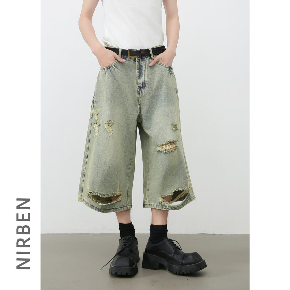 Quần short jean nam ống rộng ống thẳng dáng lửng rách nhẹ — Màu xanh lam