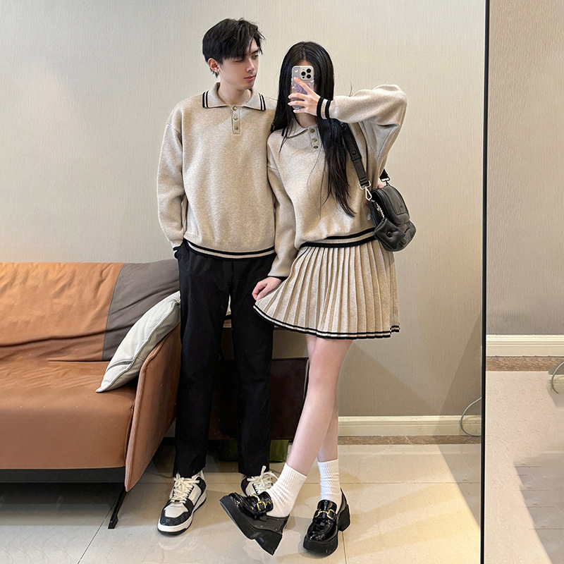 대학 스타일의 커플 의류 작은 느슨한 올 매치 원 원피스 스커트 니트 스웨터 주름 패션 폴로 칼라 스웨터