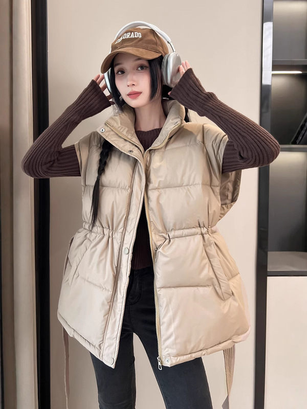 羽绒棉马甲女2025秋冬新款韩版学院宽松系带收腰纯色马夹背心外套|undefined