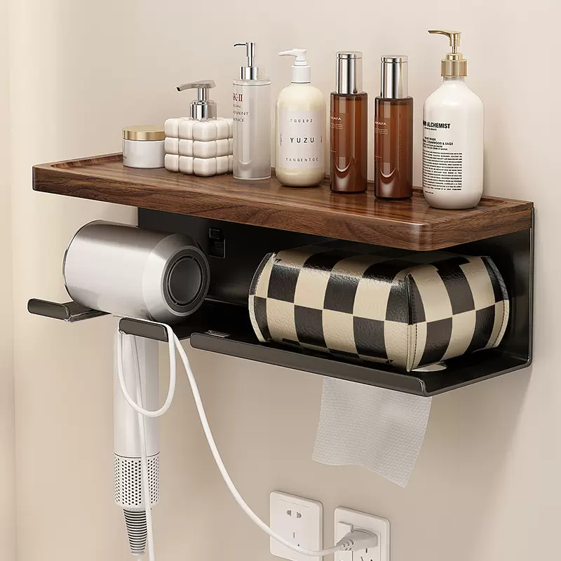 胡桃木吹风机洗脸巾一体置物架壁挂式卫生间浴室洗漱台收纳架子
