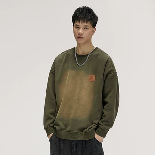炒洗做旧重磅卫衣男宽松圆领内搭打底衫潮牌大码加绒上衣服秋冬款