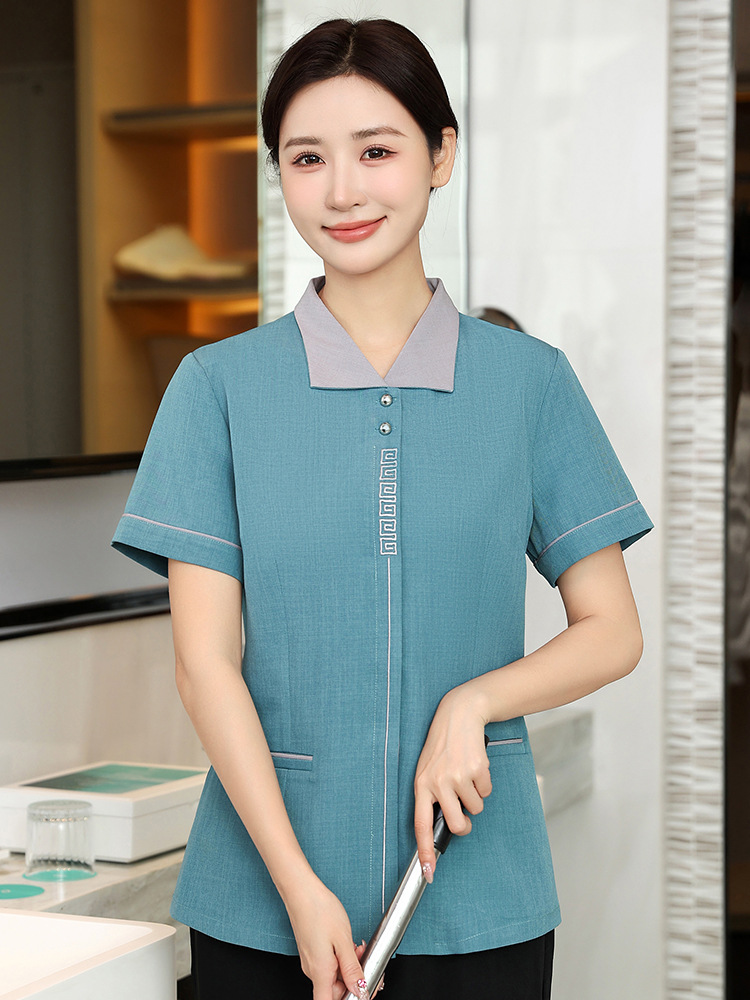 保洁工作服翻领透气短袖夏装女高档酒店客房物业清洁阿姨长袖工衣