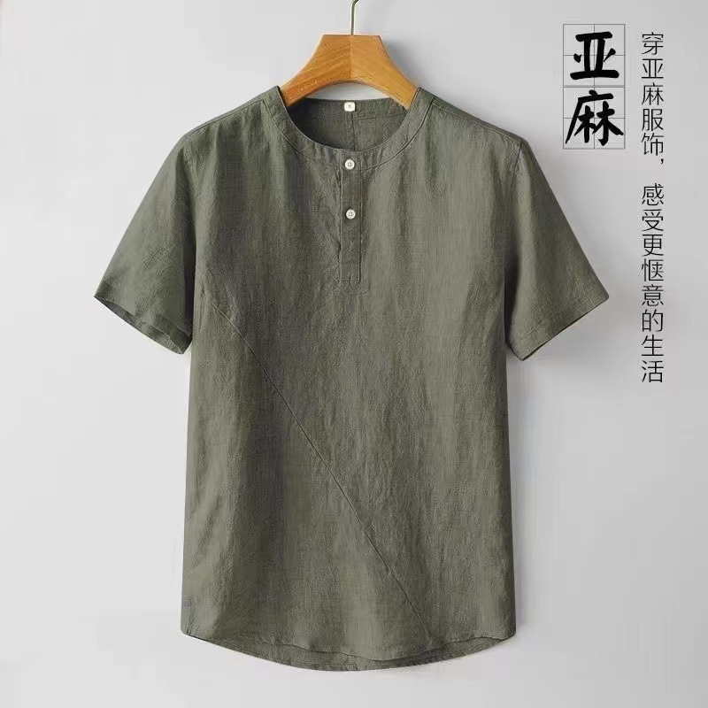 中国風紳士服リネン半袖シャツメンズ夏薄手カジュアルレトロ綿麻プルオーバー小襟シャツ|undefined