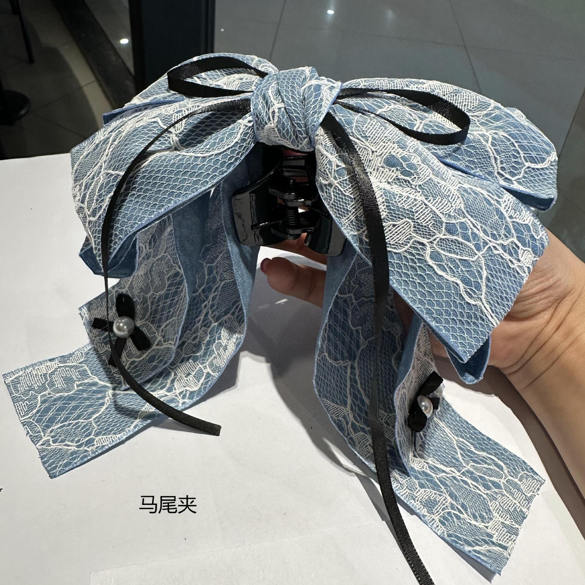 牛仔蕾絲布藝蝴蝶結馬尾夾法式鏤空簡約優雅髮夾韓版劉海側邊夾女