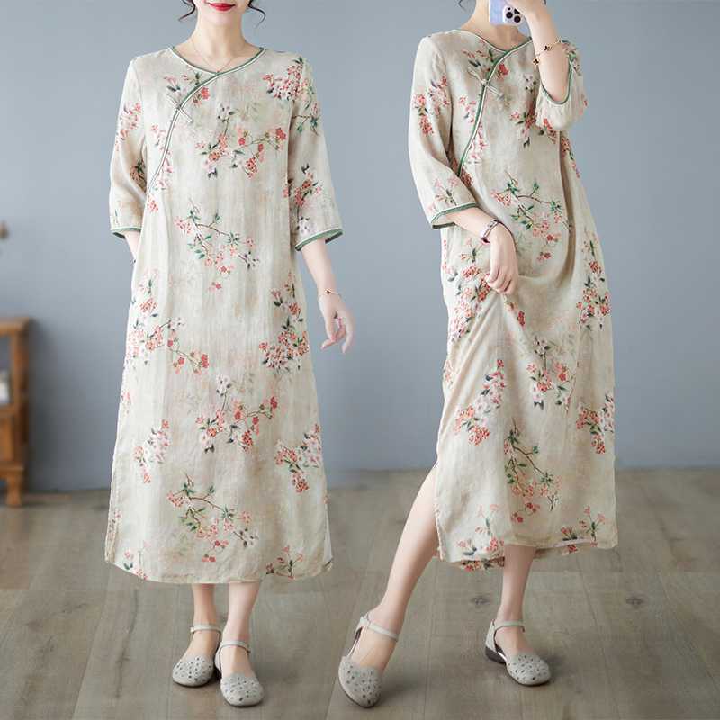 Real Shot in stock New Chinese Style Improved Cheongsam dress Women's Summer Elegant Tea Clothes Retro Loose Slimming Skirt