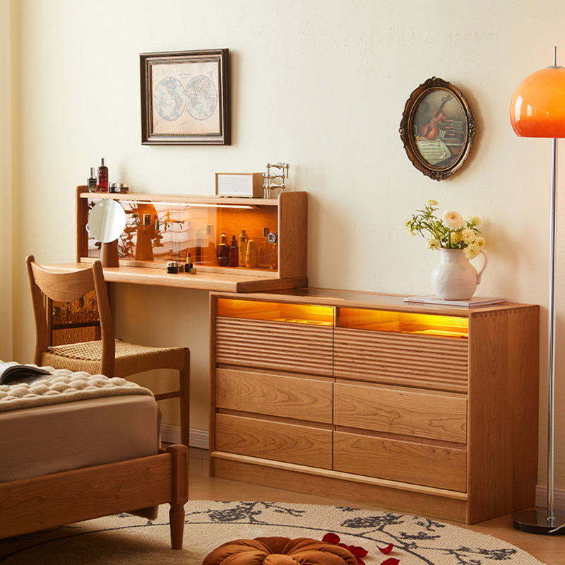 北美樱桃木实木梳妆台斗柜一体可移动奶油风卧室床尾化妆桌收纳柜