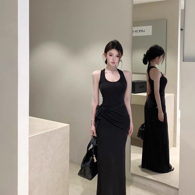 Black U-Neck Sleeveless Racer Vest Dress for Women Summer Sexy Waist Slim Skirt Elegant Hip-Hugging Long Skirt Summer