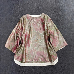 Silk Song Brocade Retro Chinese Style Floral Exquisite Elegant Loose Round Neck Button New Chinese Style Autumn Tang Suit Top
